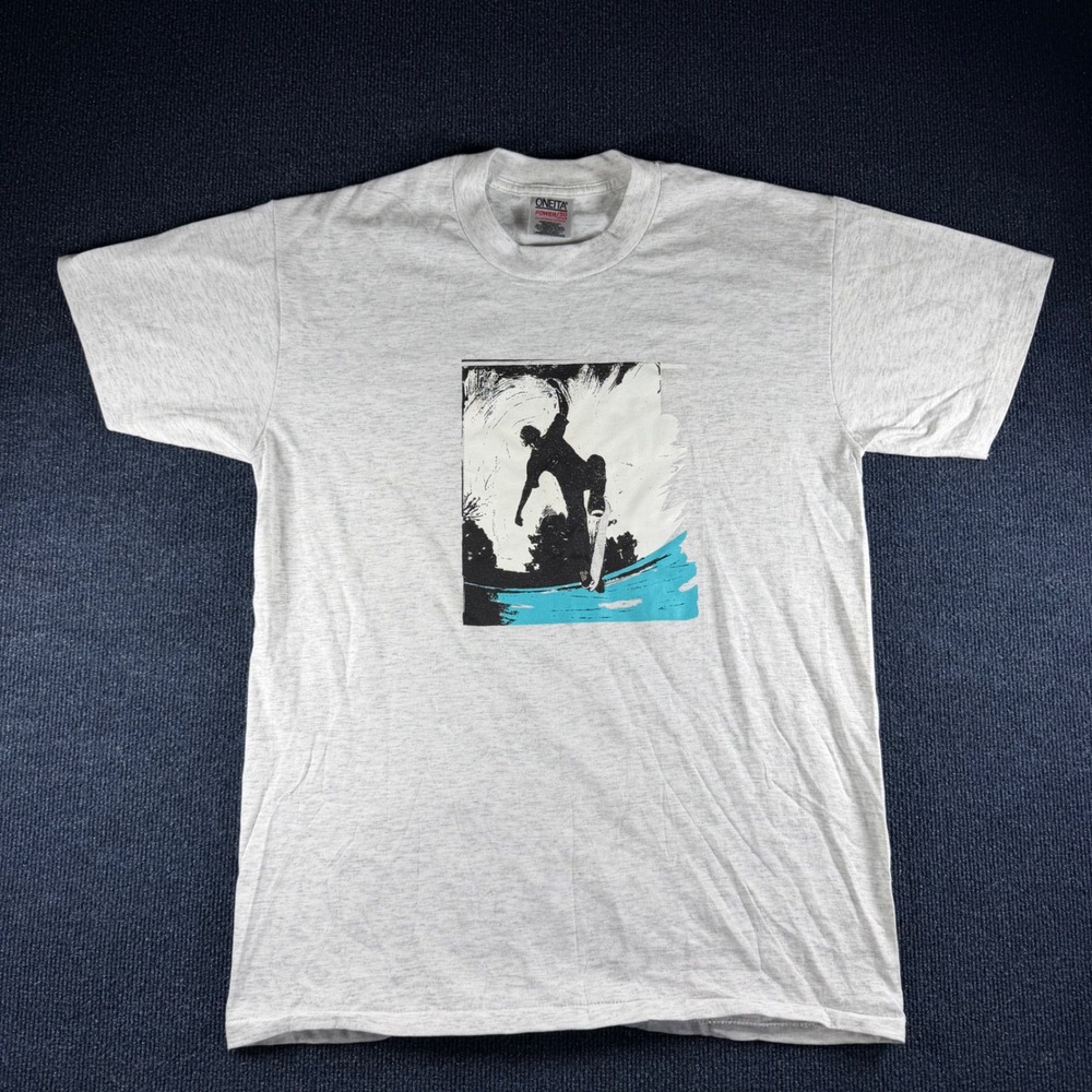 Oneita Power 50 Skateboarder Graphic Tee Sz L Pit21.5 Gray Vintage